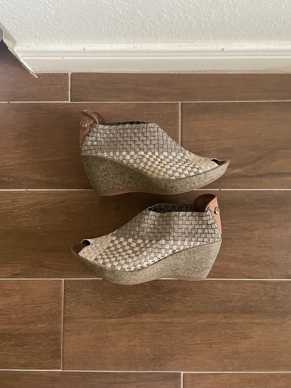 Bernie Mev Sabrina Metallic Gold Woven Peep-Toe Wedge